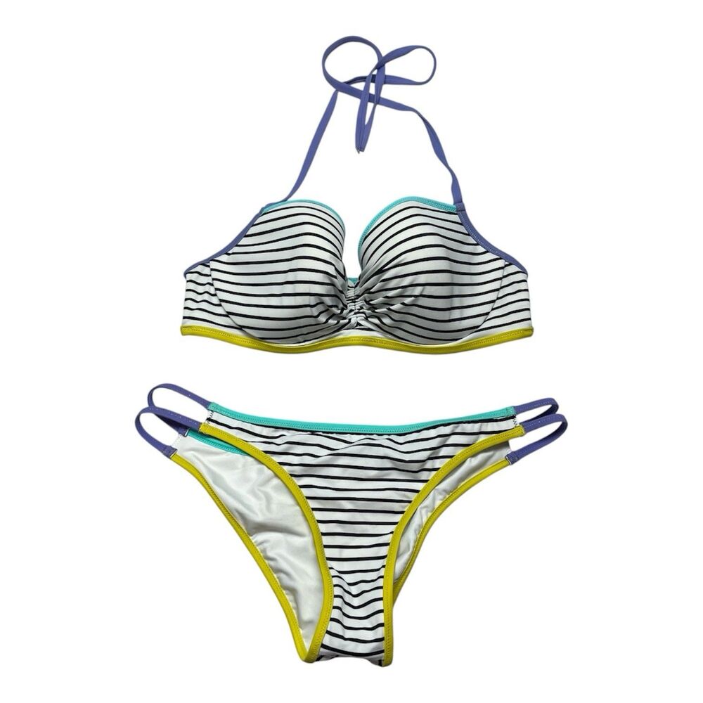 Victoria’s Secret Halter Bikini 36D Striped Large Bottoms Set